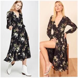 Reformation Susanna Wrap Midi Dress Size XS Black Floral Print Long Sleeve Boho